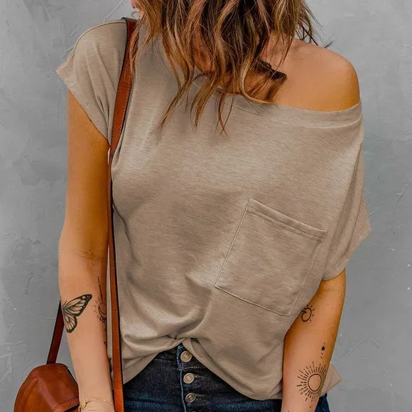Off The Shoulder Pocket Tee Light Brown - Picture 2 of 9
